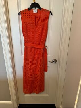 Akris Punto Vibrant Orange Eyelet Belted Midi Dress